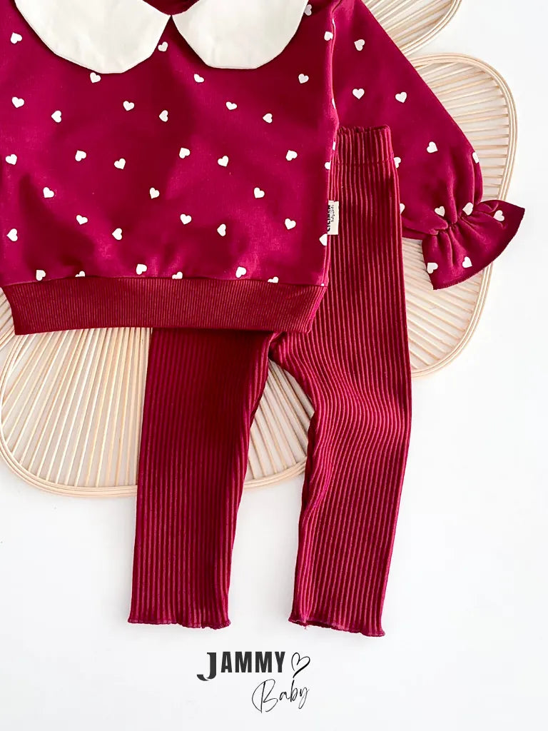 Peter Pan Collar Heart Print 2-Piece Set - Burgundy