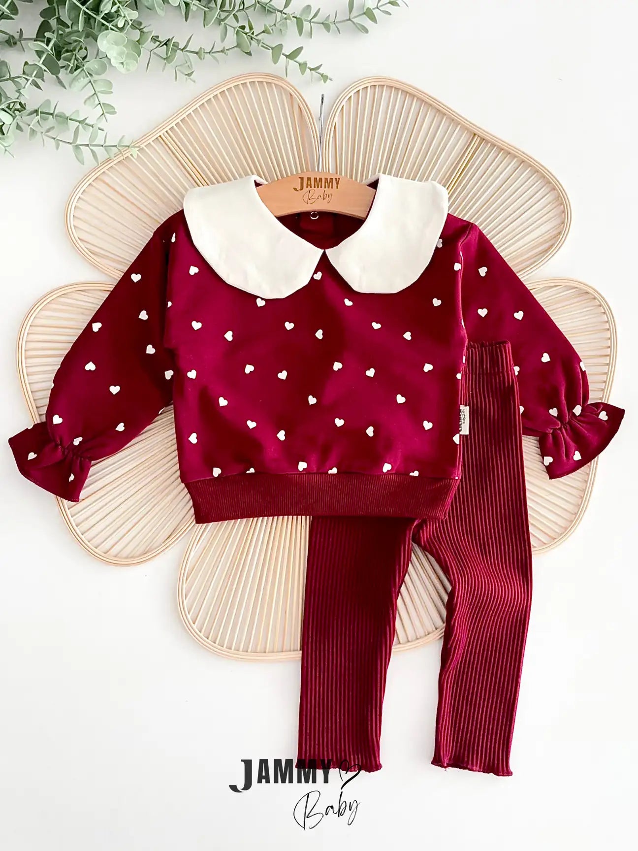 Peter Pan Collar Heart Print 2-Piece Set - Burgundy