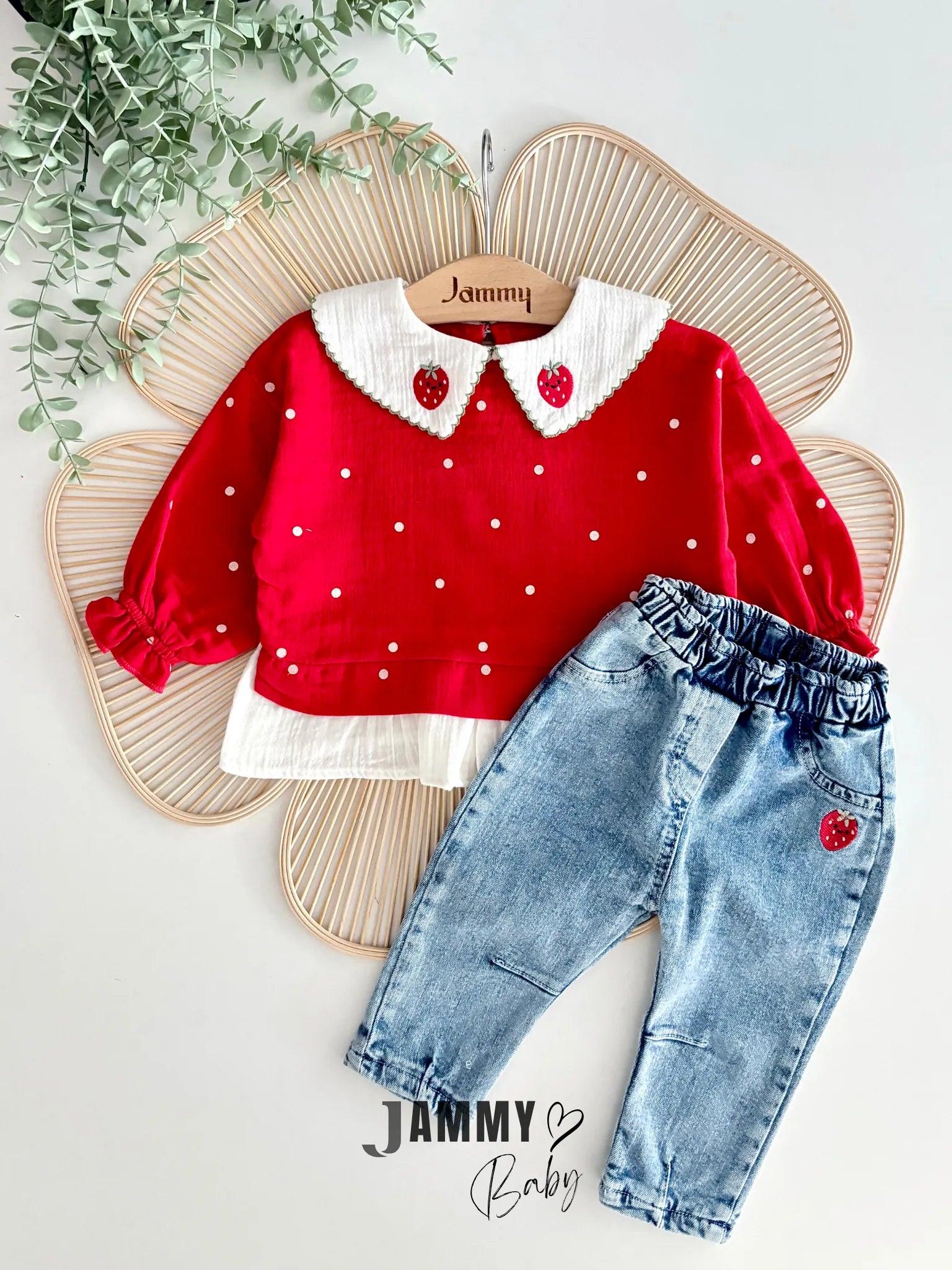 Polka-Dot Strawberry Top with Denim Pants Set – RED