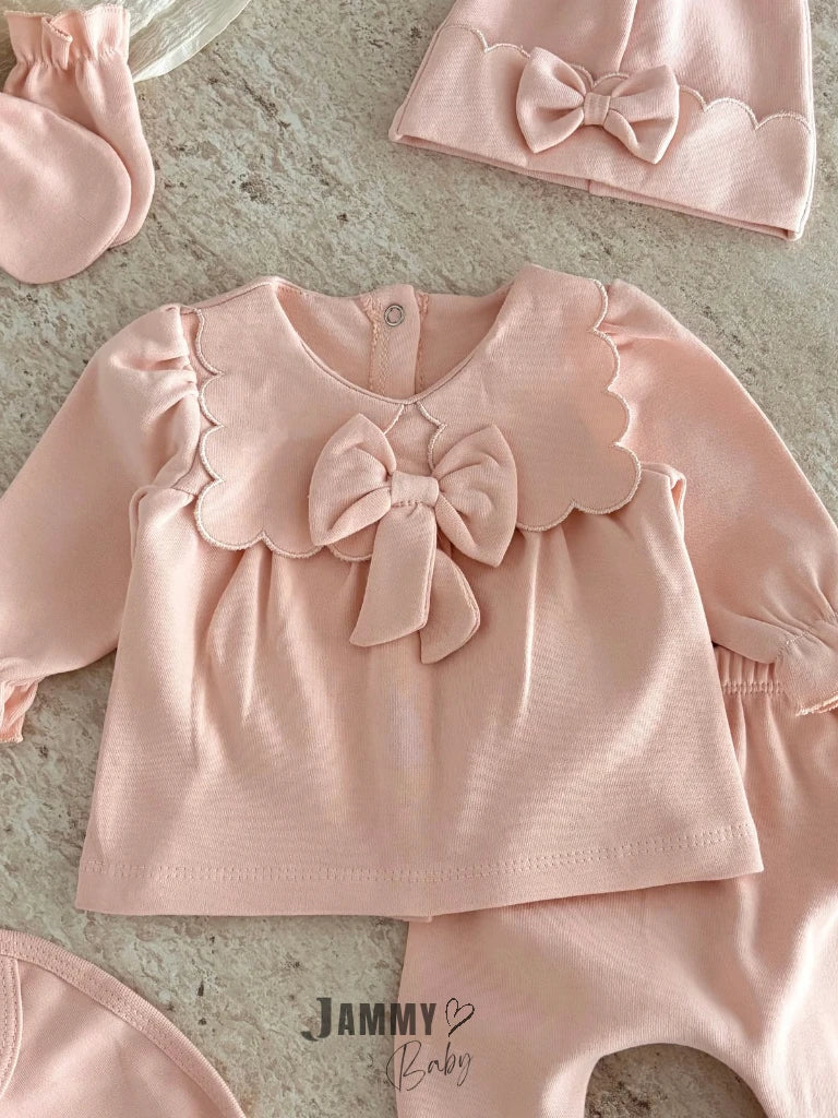 Mabel 5-Piece Newborn Set with Bow Detail - Salmon
