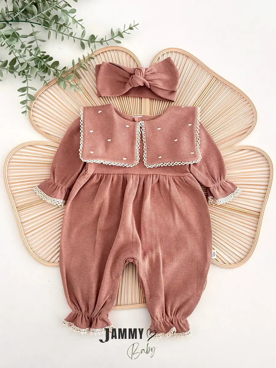 Maita Heart Embroidered Bandana Waffle Jumpsuit Set - MILK COFFEE