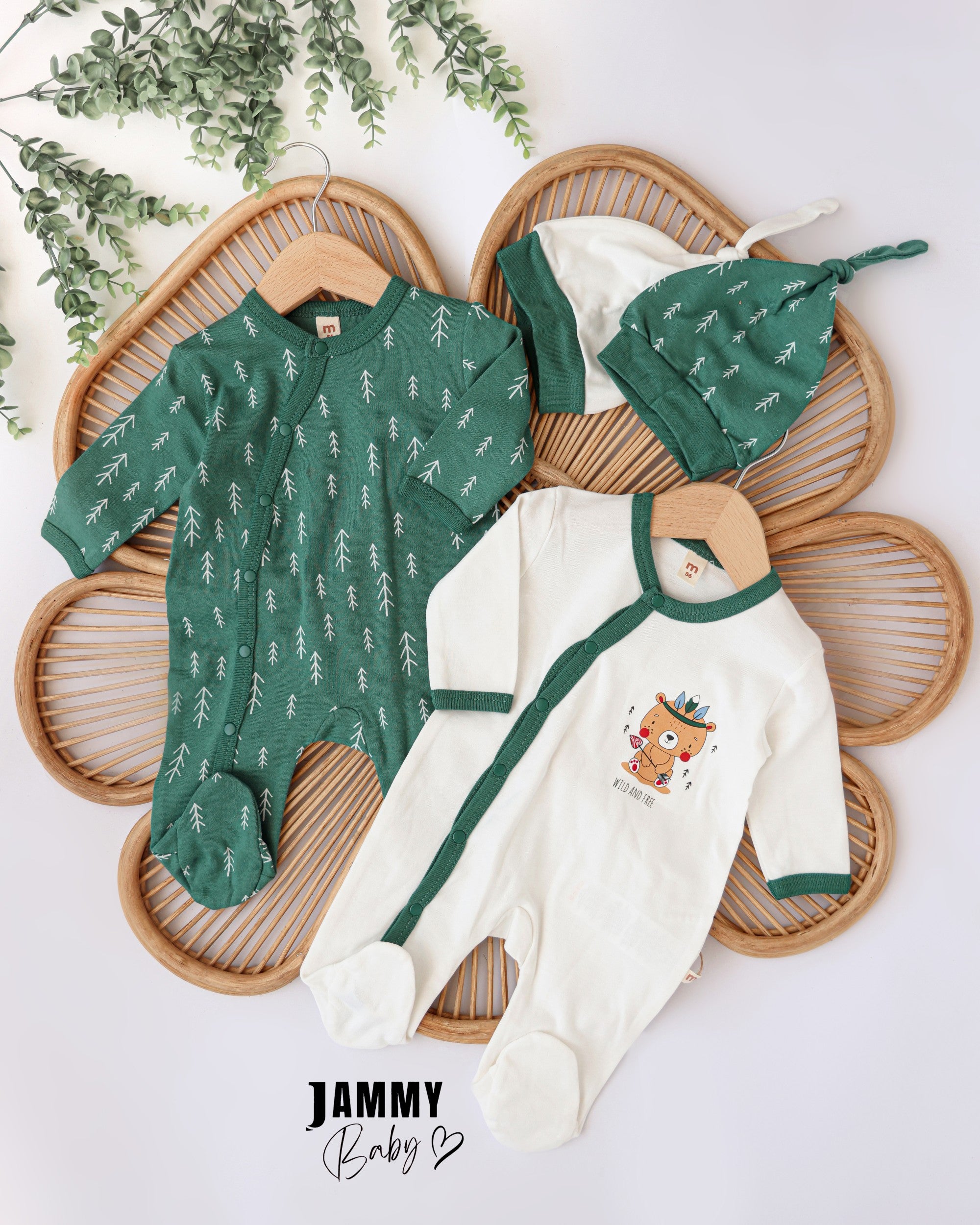 Wild & Free Baby Romper Set with Hats – Green
