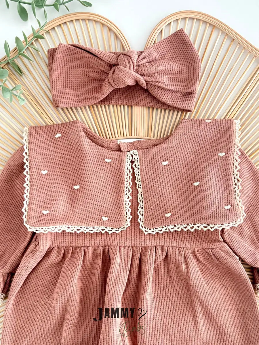 Maita Heart Embroidered Bandana Waffle Jumpsuit Set - MILK COFFEE
