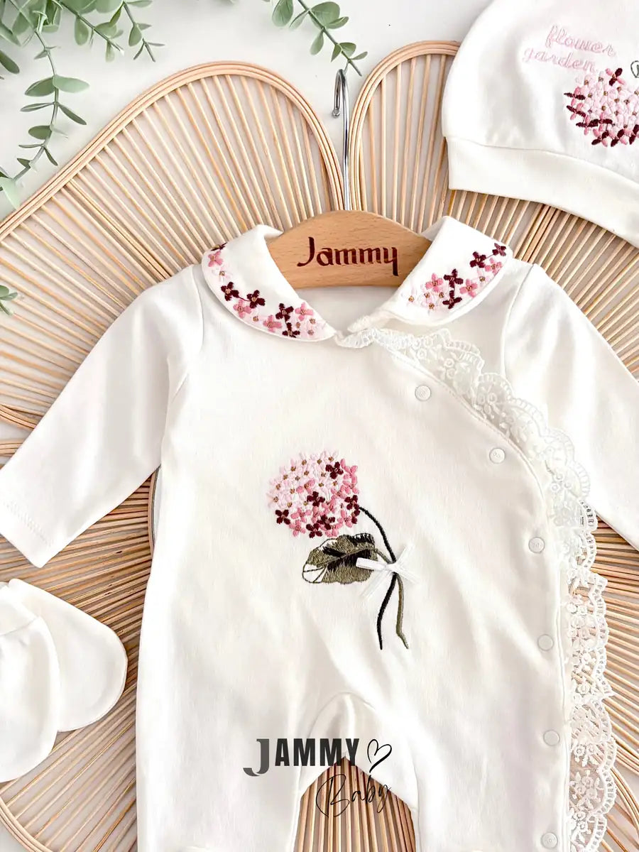 Hydrangea Embroidered Hooded Overall Set – Ecru
