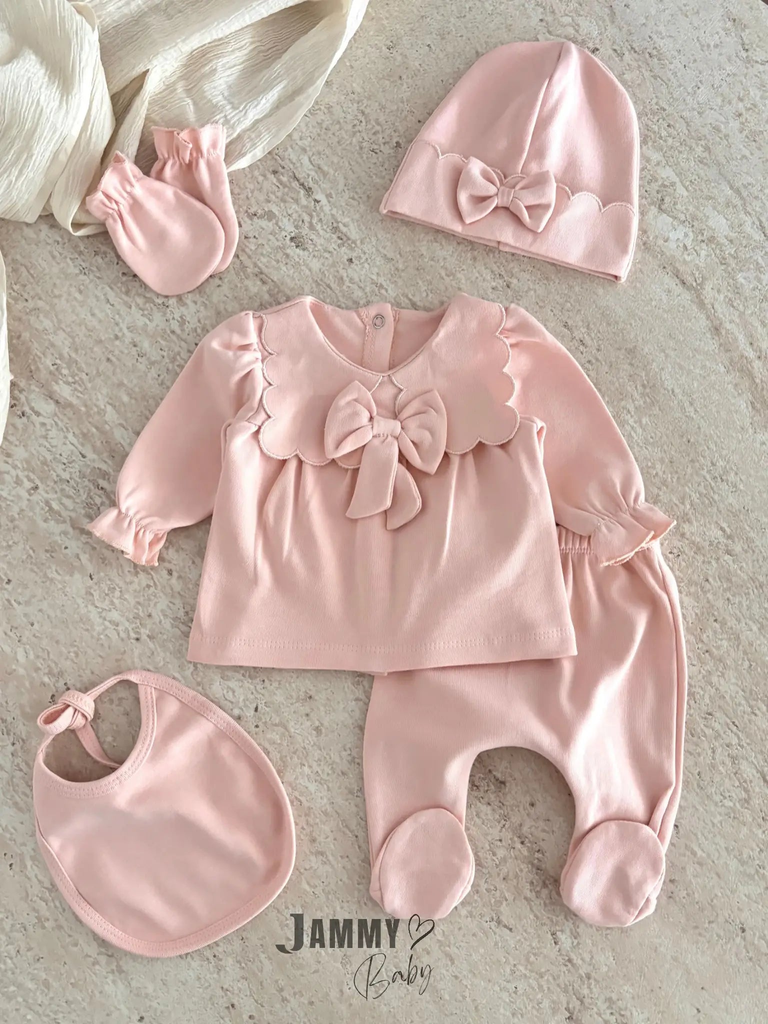 Mabel 5-Piece Newborn Set with Bow Detail - Salmon
