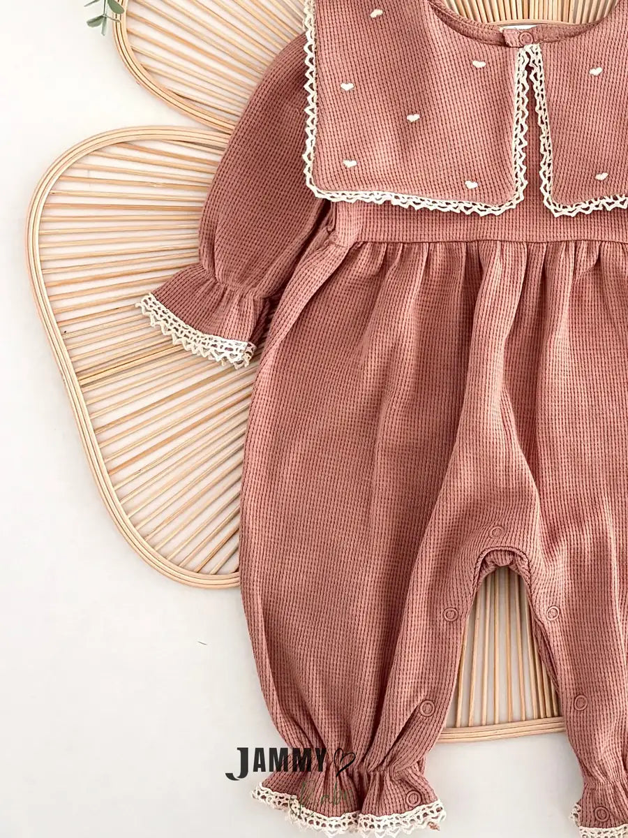 Maita Heart Embroidered Bandana Waffle Jumpsuit Set - MILK COFFEE