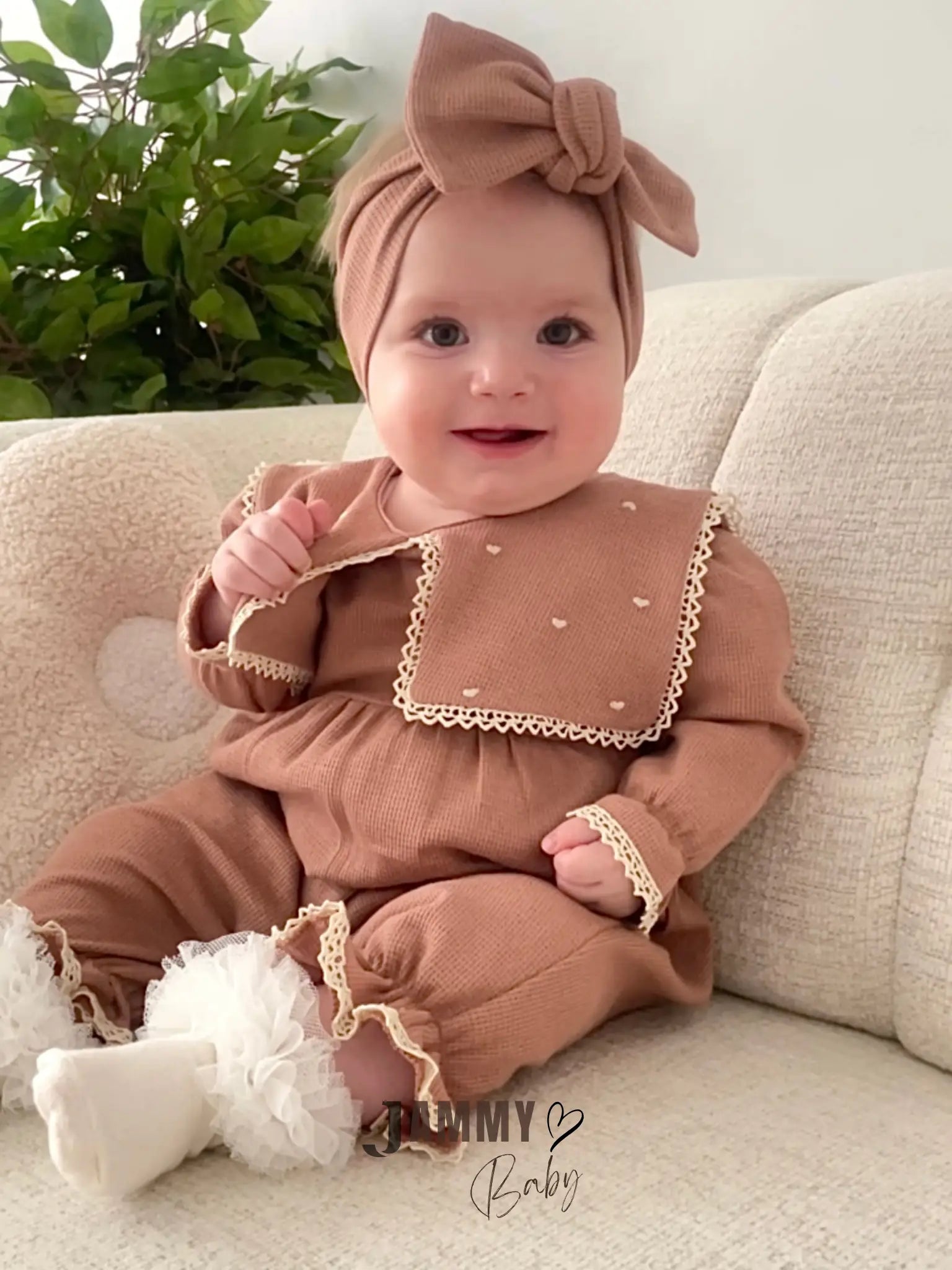 Maita Heart Embroidered Bandana Waffle Jumpsuit Set - MILK COFFEE