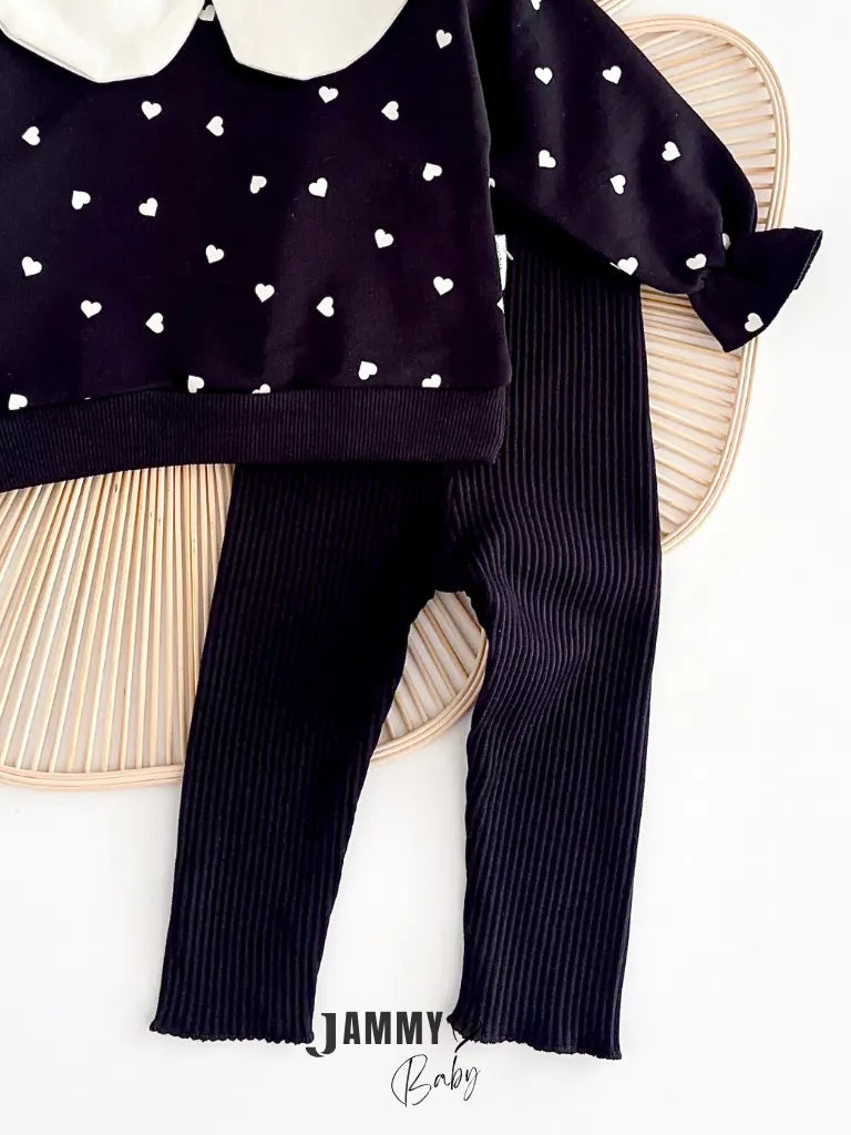 Peter Pan Collar Heart Print 2-Piece Set - Black