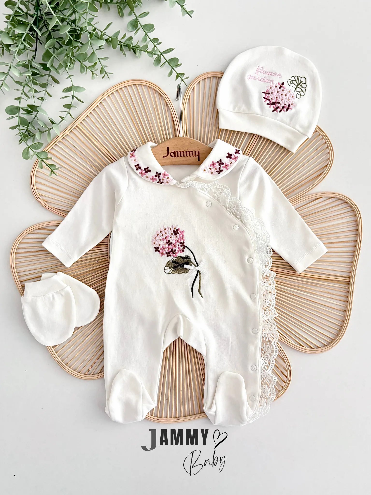 Hydrangea Embroidered Hooded Overall Set – Ecru