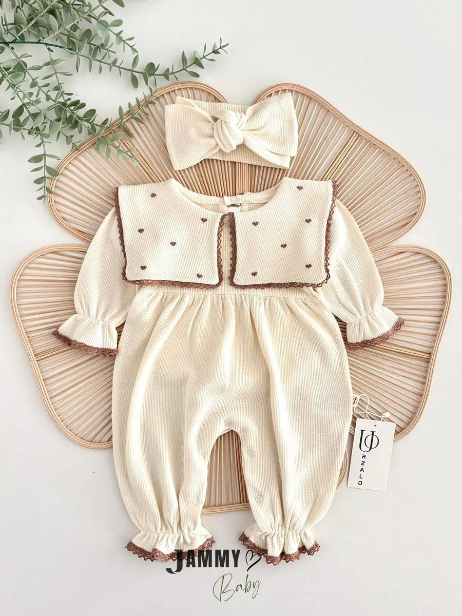 Maita Heart Embroidered Bandana Waffle Jumpsuit Set - CREAM