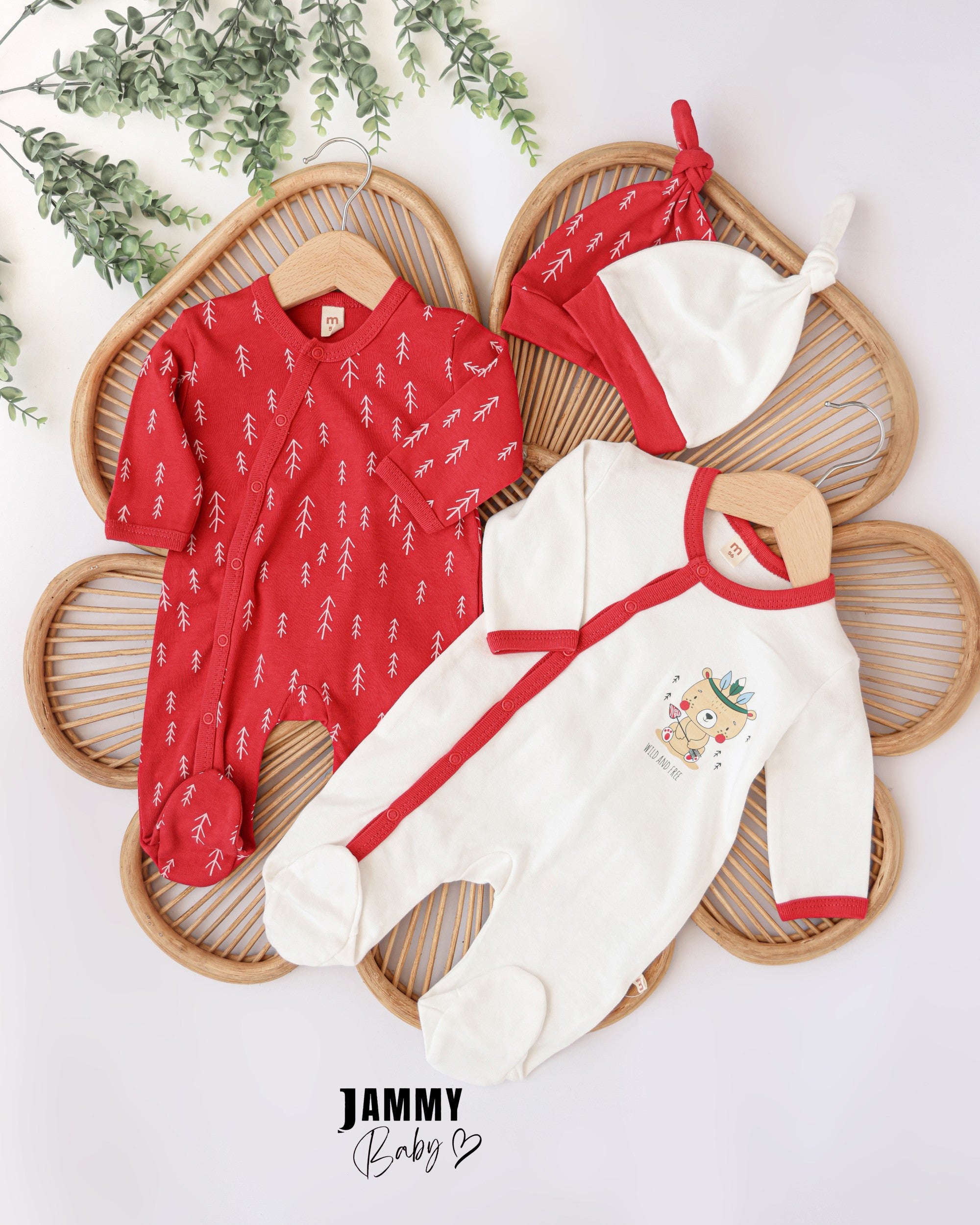 Wild & Free Baby Romper Set with Hats – Red