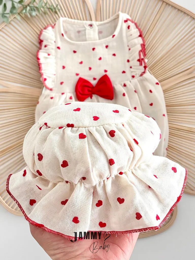 Berry Bucket Heart Romper & Hat Set – Red