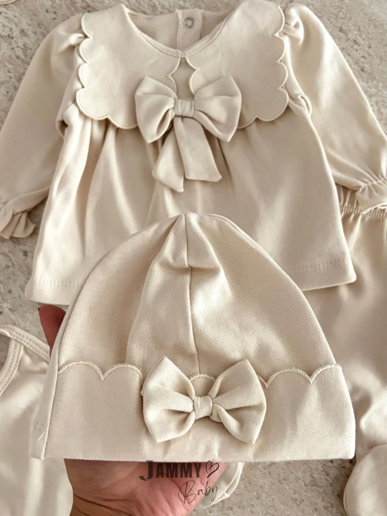 Mabel 5-Piece Newborn Set with Bow Detail - Cream