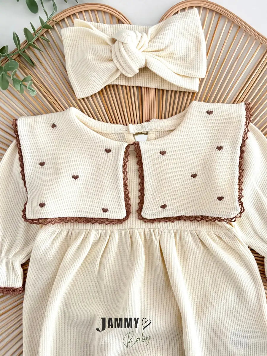Maita Heart Embroidered Bandana Waffle Jumpsuit Set - CREAM