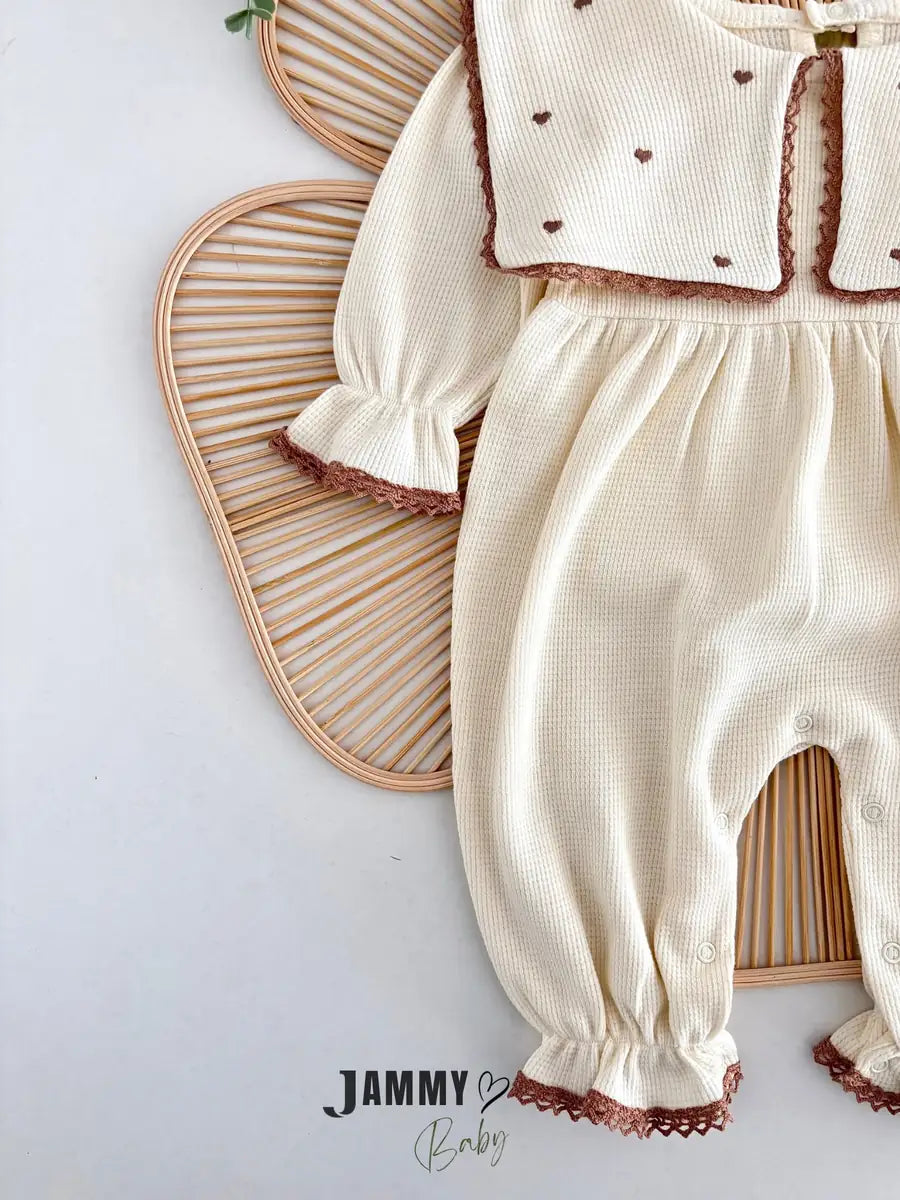 Maita Heart Embroidered Bandana Waffle Jumpsuit Set - CREAM