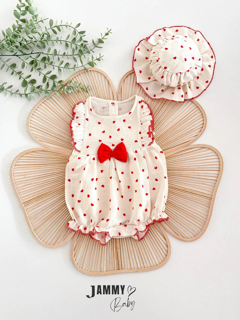 Berry Bucket Heart Romper & Hat Set – Red