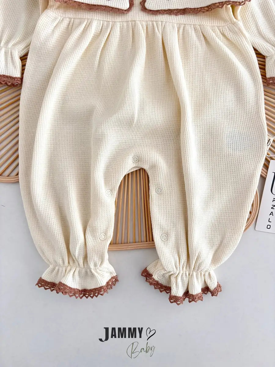 Maita Heart Embroidered Bandana Waffle Jumpsuit Set - CREAM