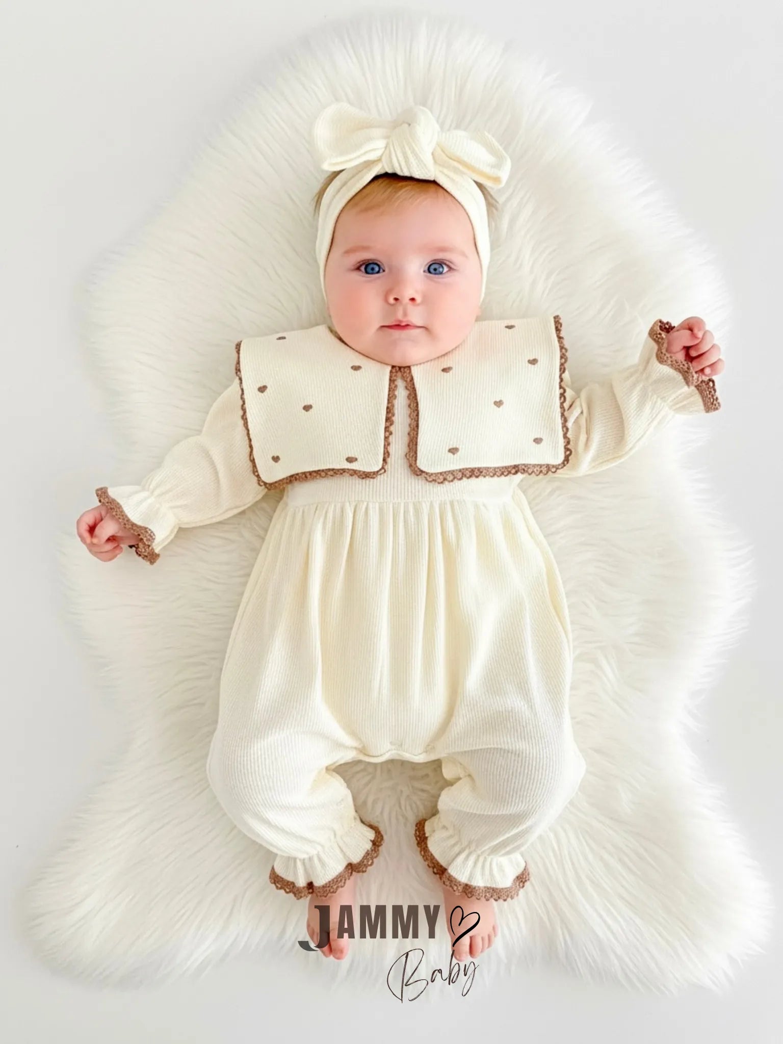 Maita Heart Embroidered Bandana Waffle Jumpsuit Set - CREAM