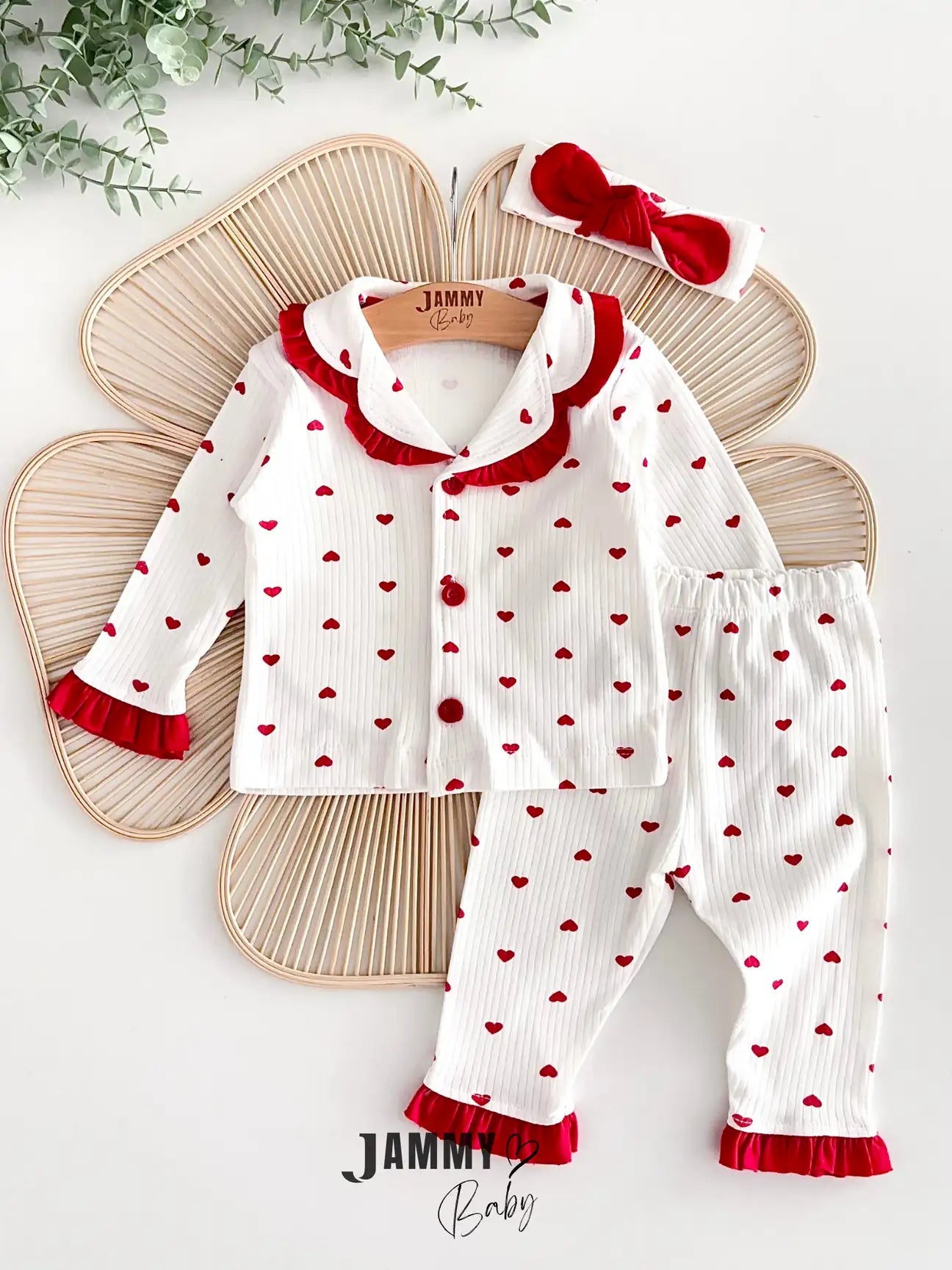 Heart Print Pajama Set with Bandana - Ecru