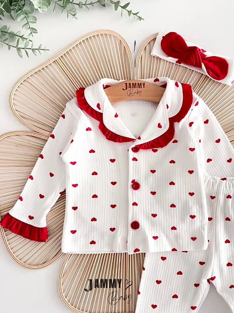 Heart Print Pajama Set with Bandana - Ecru