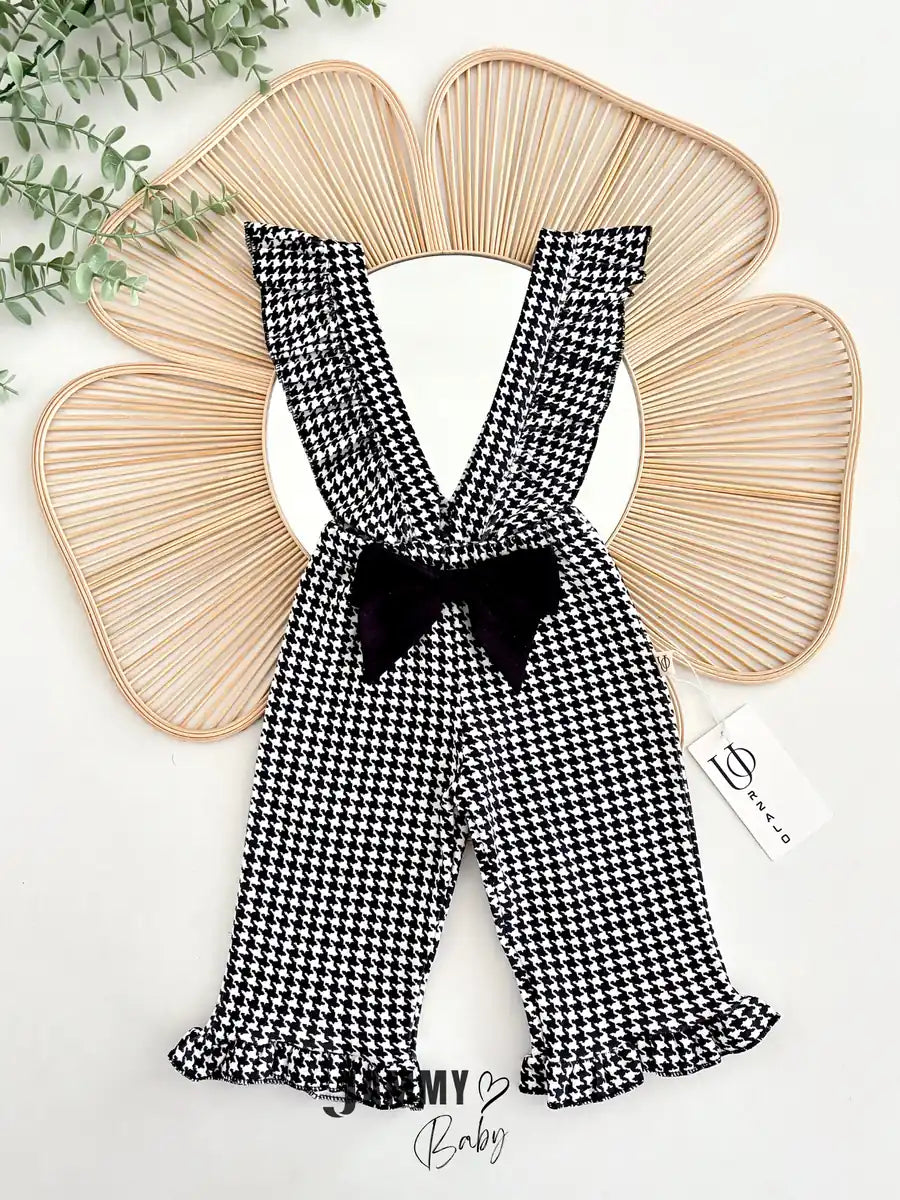 Houndstooth Ruffled Dungaree & Smocked Blouse Set – BLACK