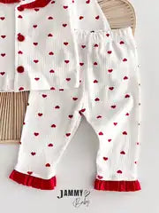 Heart Print Pajama Set with Bandana - Ecru