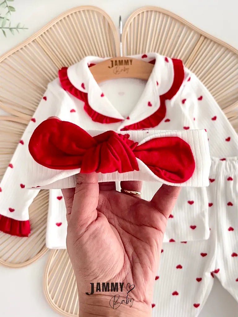 Heart Print Pajama Set with Bandana - Ecru