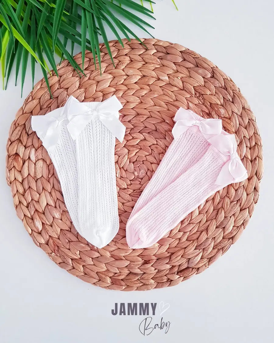 Ayline Bow Fishnet Knee High Socks - Pink/White