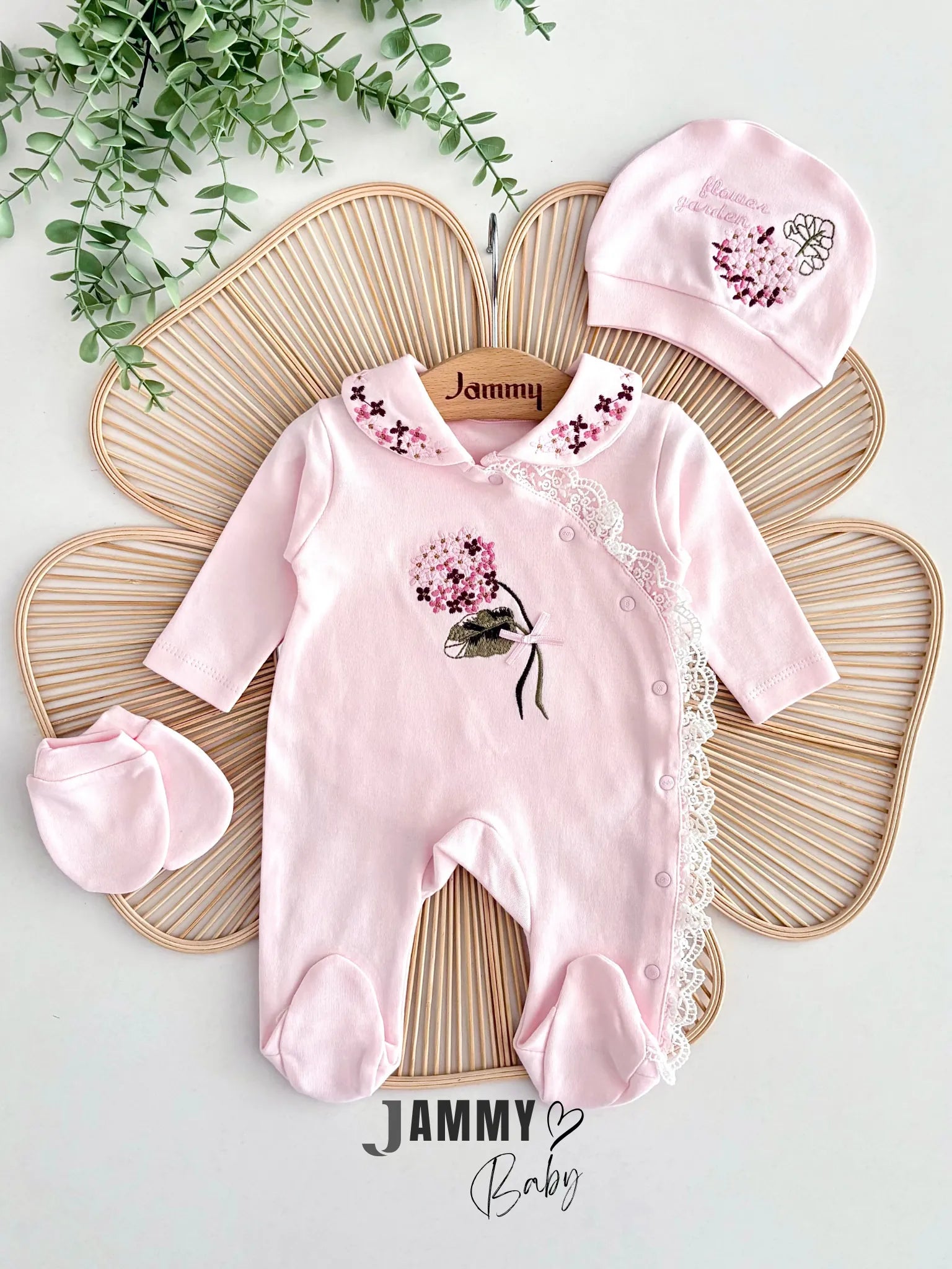 Hydrangea Embroidered Hooded Overall Set – PINK