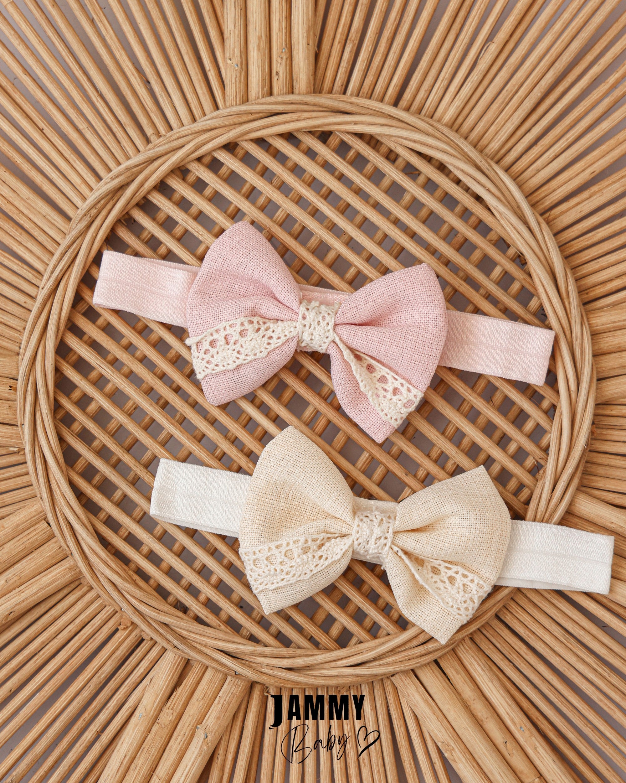 Lace Bow Baby Headband Set – Pink & Cream