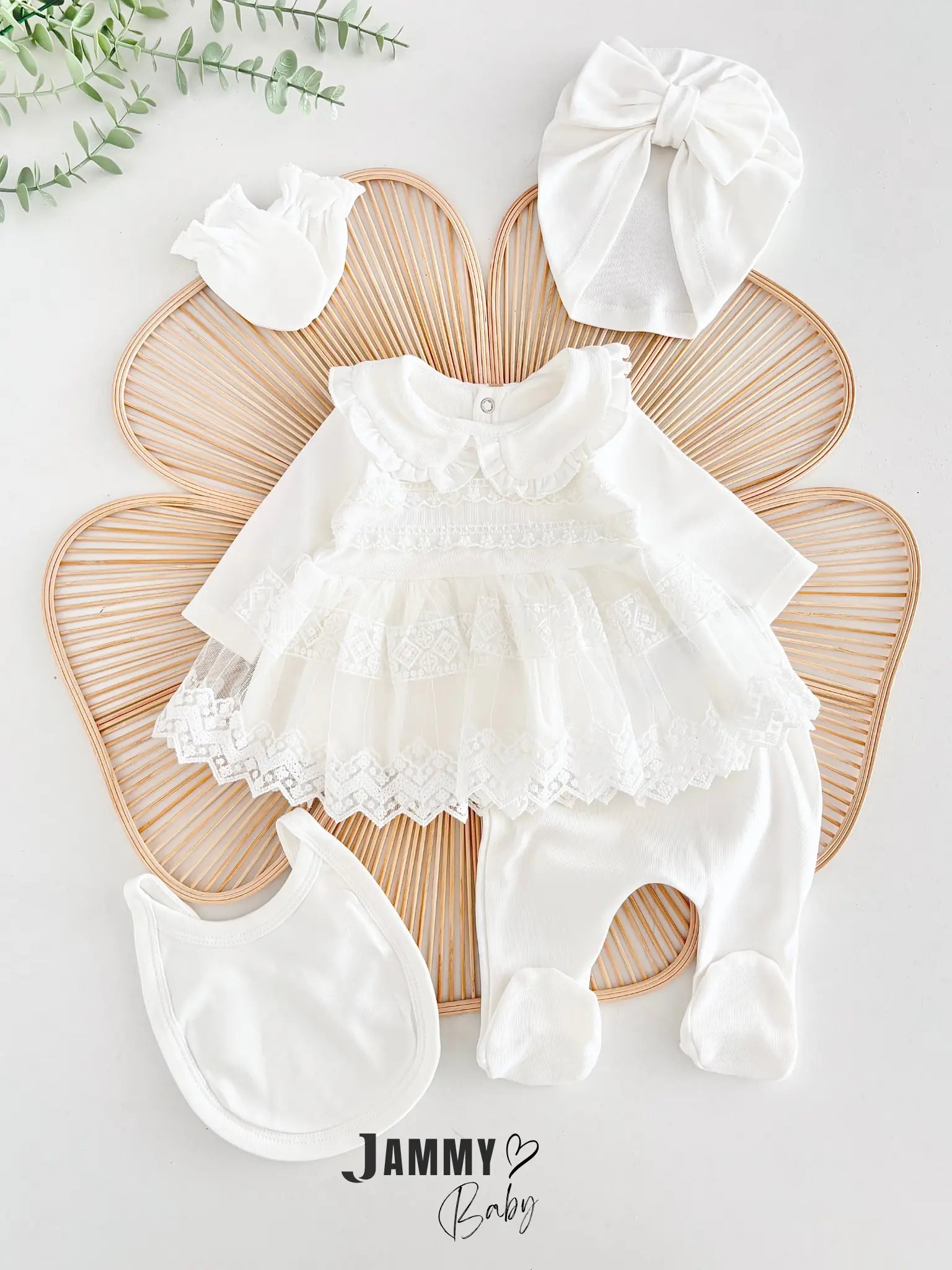 Victoria Tulle Lace Baby Collar Five-Piece Newborn Set - ECRU