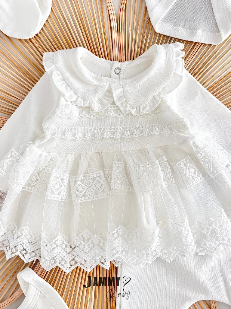 Victoria Tulle Lace Baby Collar Five-Piece Newborn Set - ECRU