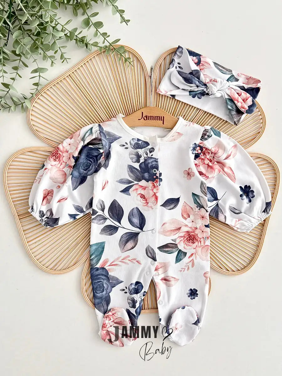 Helena Floral Printed Overall Set with Bow Headband – BLUE