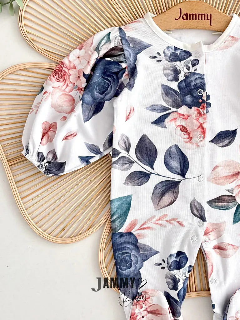 Helena Floral Printed Overall Set with Bow Headband – BLUE