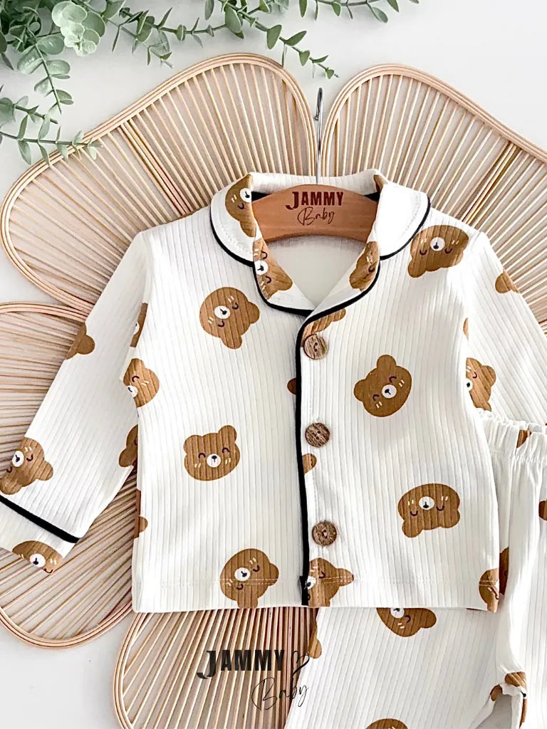 Teddy Bear Themed 2-Piece Pajama Set - Ecru