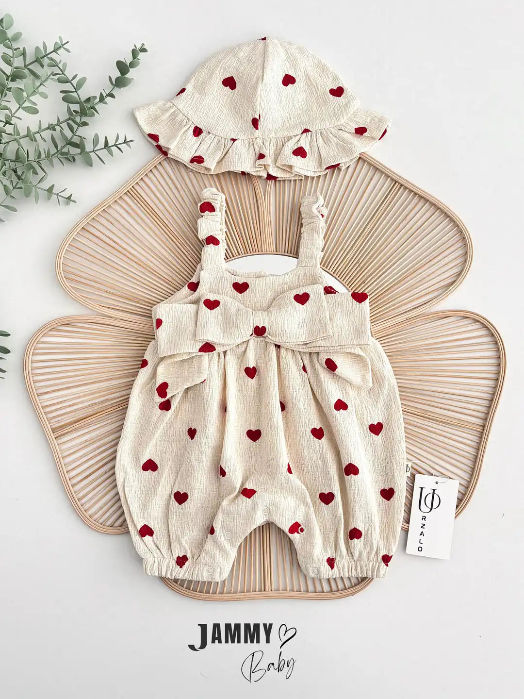 Amore Heart Pattern Crochet Premium Jumpsuit & Ruffled Hat Set - RED