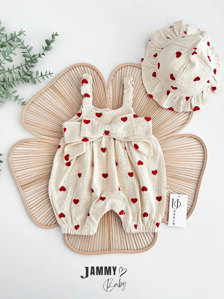 Amore Heart Pattern Crochet Premium Jumpsuit & Ruffled Hat Set - RED