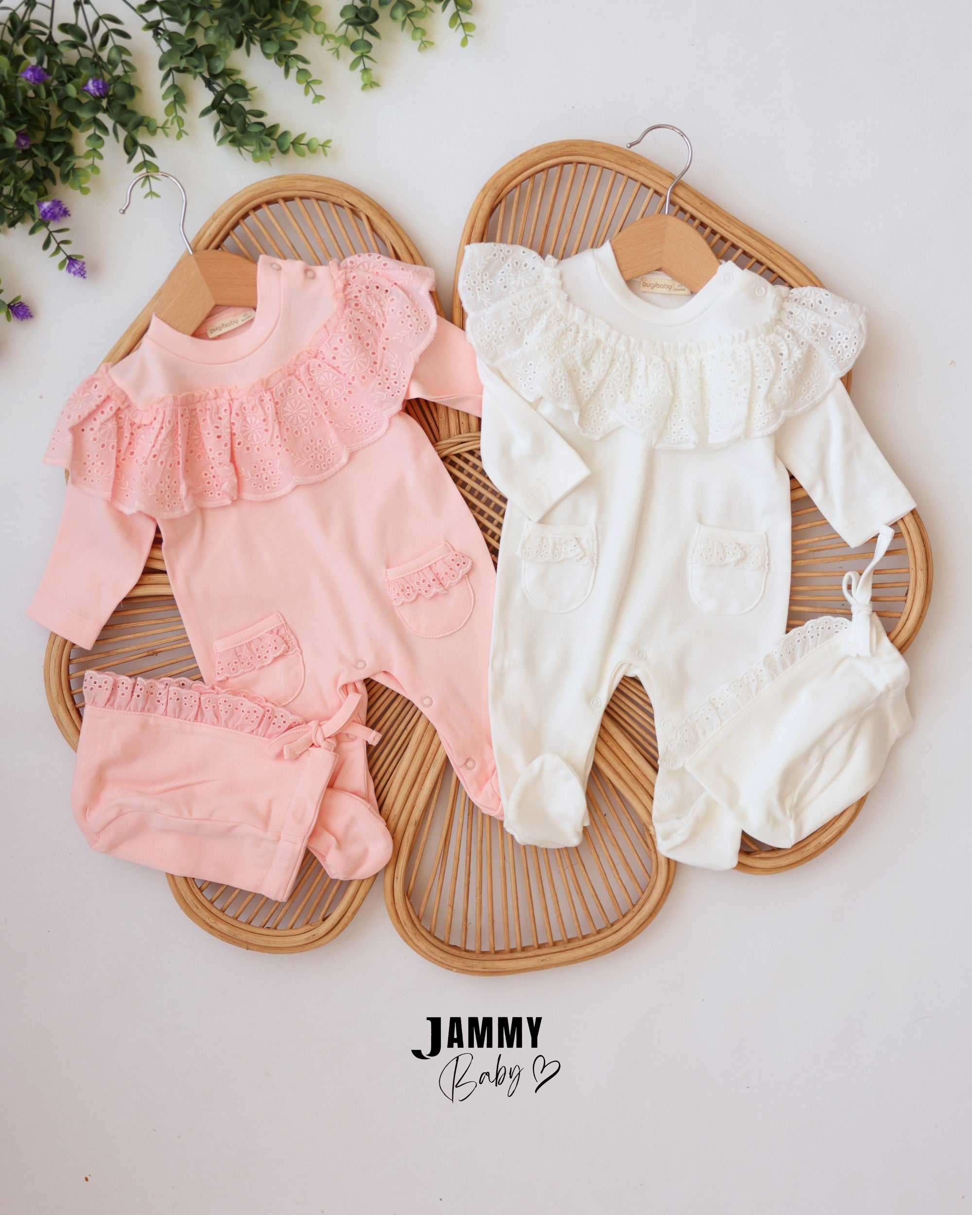 Lace Ruffle Footed Sleepsuit & Bonnet - Ivory
