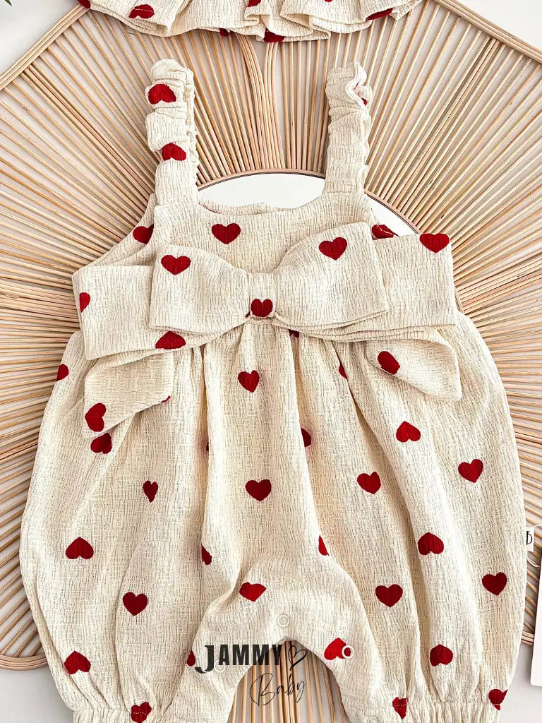 Amore Heart Pattern Crochet Premium Jumpsuit & Ruffled Hat Set - RED