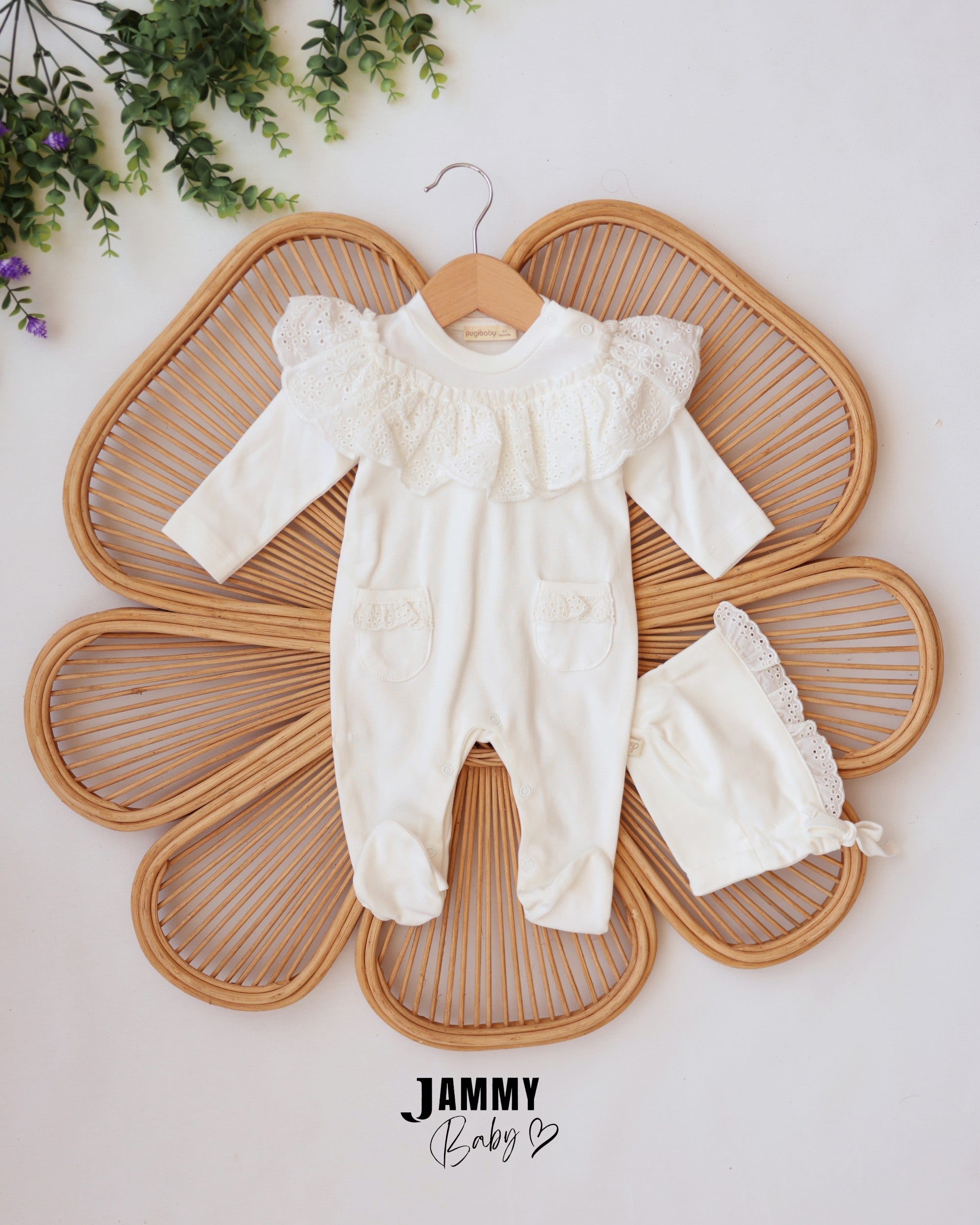 Lace Ruffle Footed Sleepsuit & Bonnet - Ivory