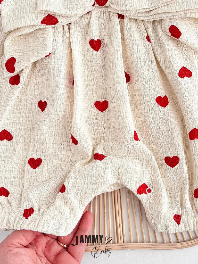 Amore Heart Pattern Crochet Premium Jumpsuit & Ruffled Hat Set - RED