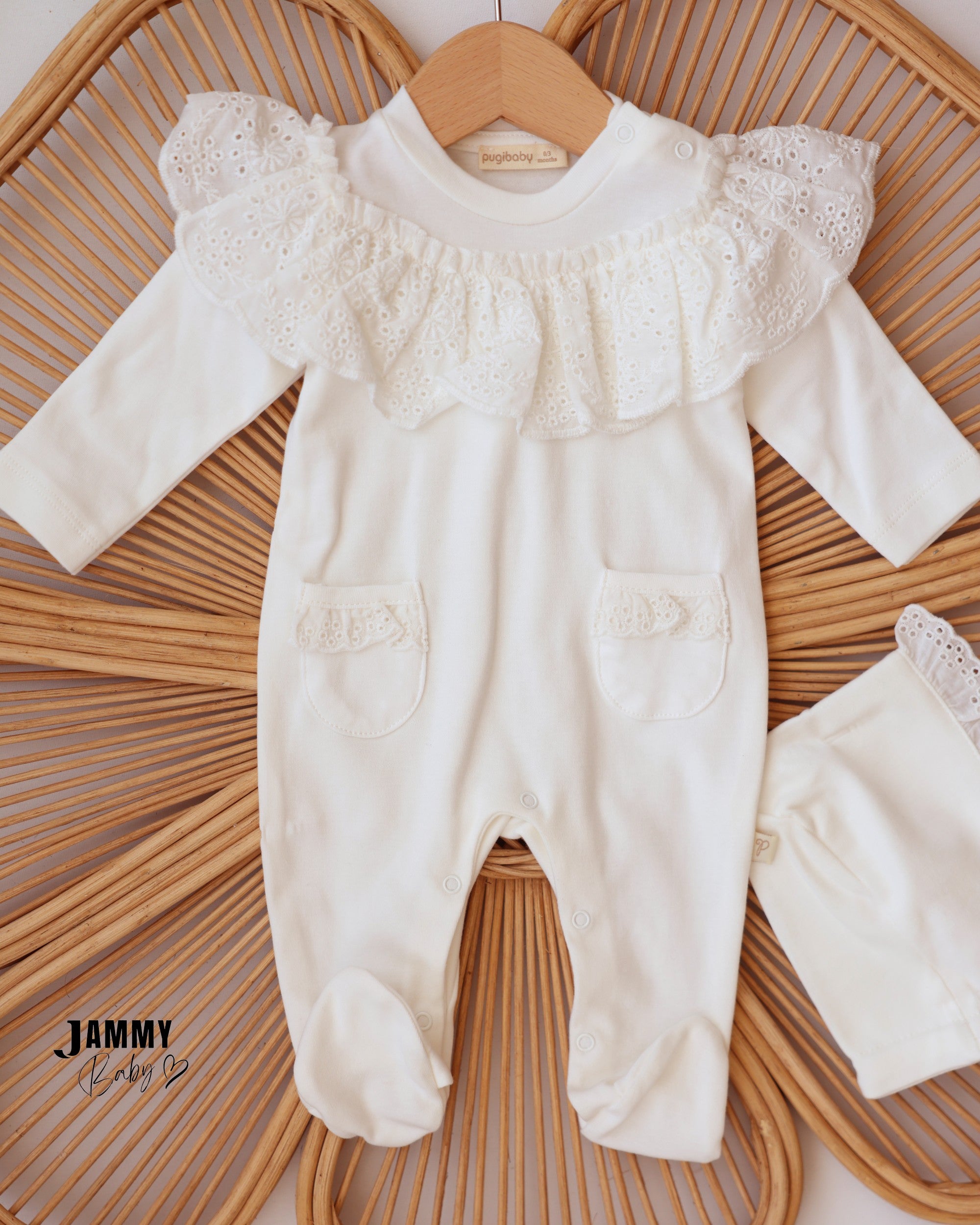 Lace Ruffle Footed Sleepsuit & Bonnet - Ivory
