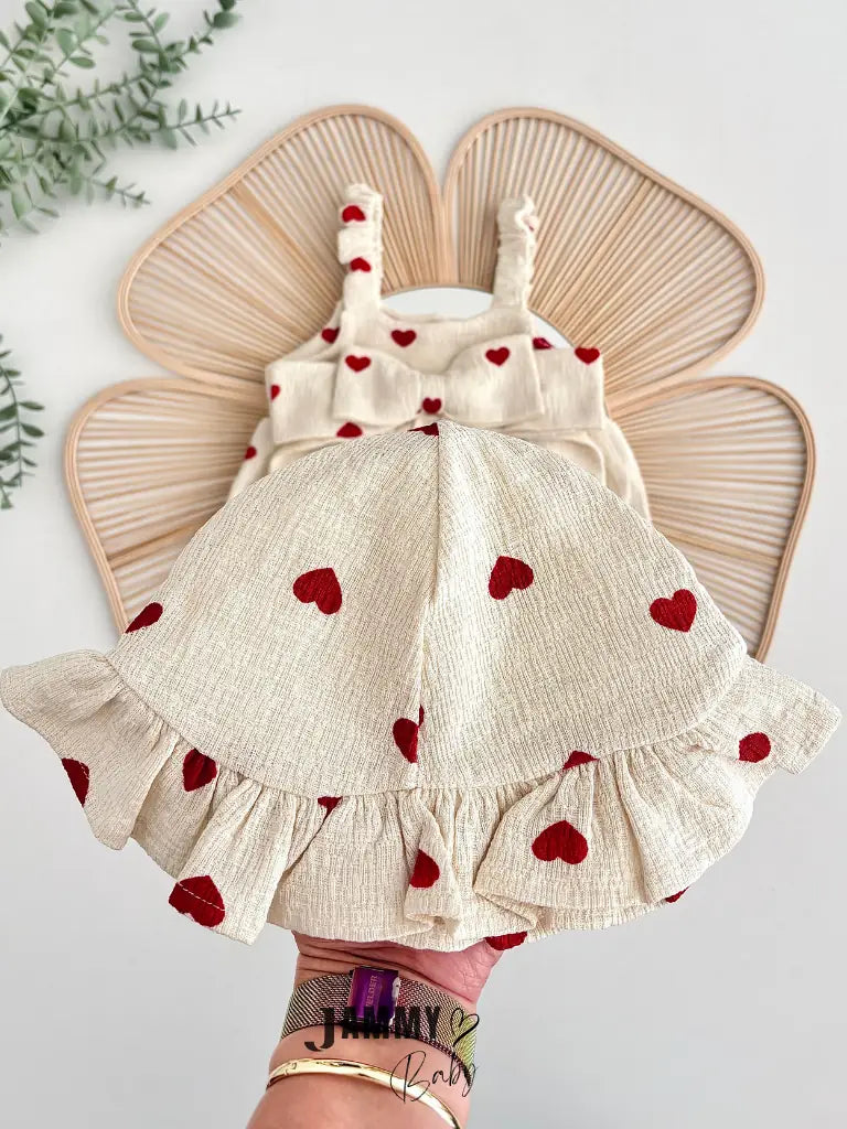 Amore Heart Pattern Crochet Premium Jumpsuit & Ruffled Hat Set - RED