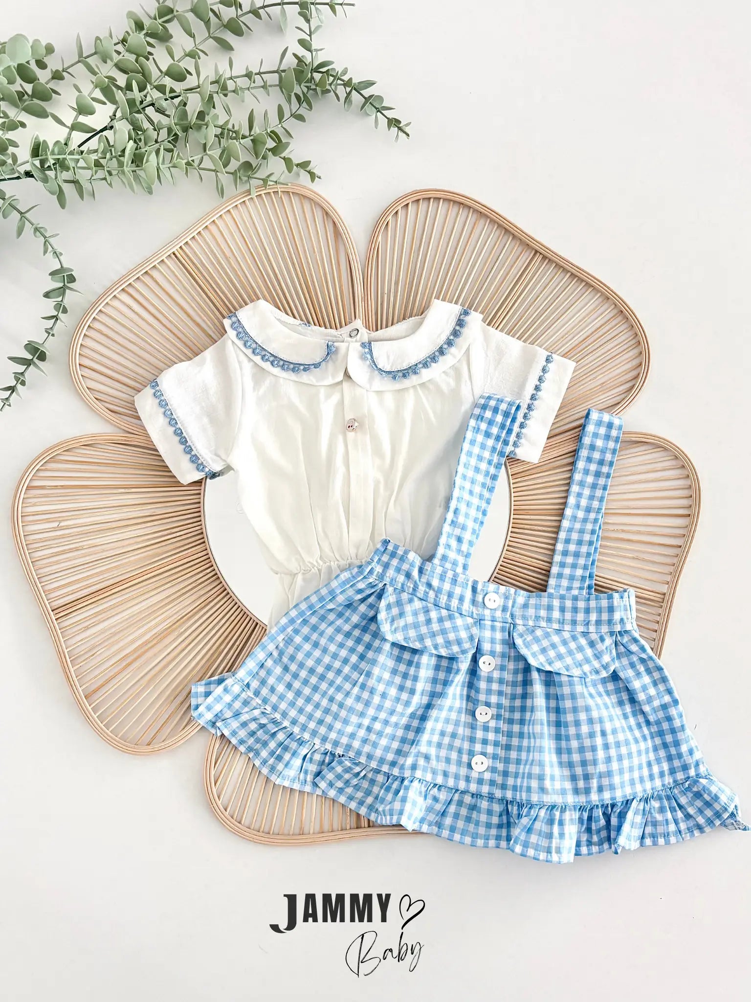 Checked Button Detail Strappy Skirt & Shirt Set – Blue