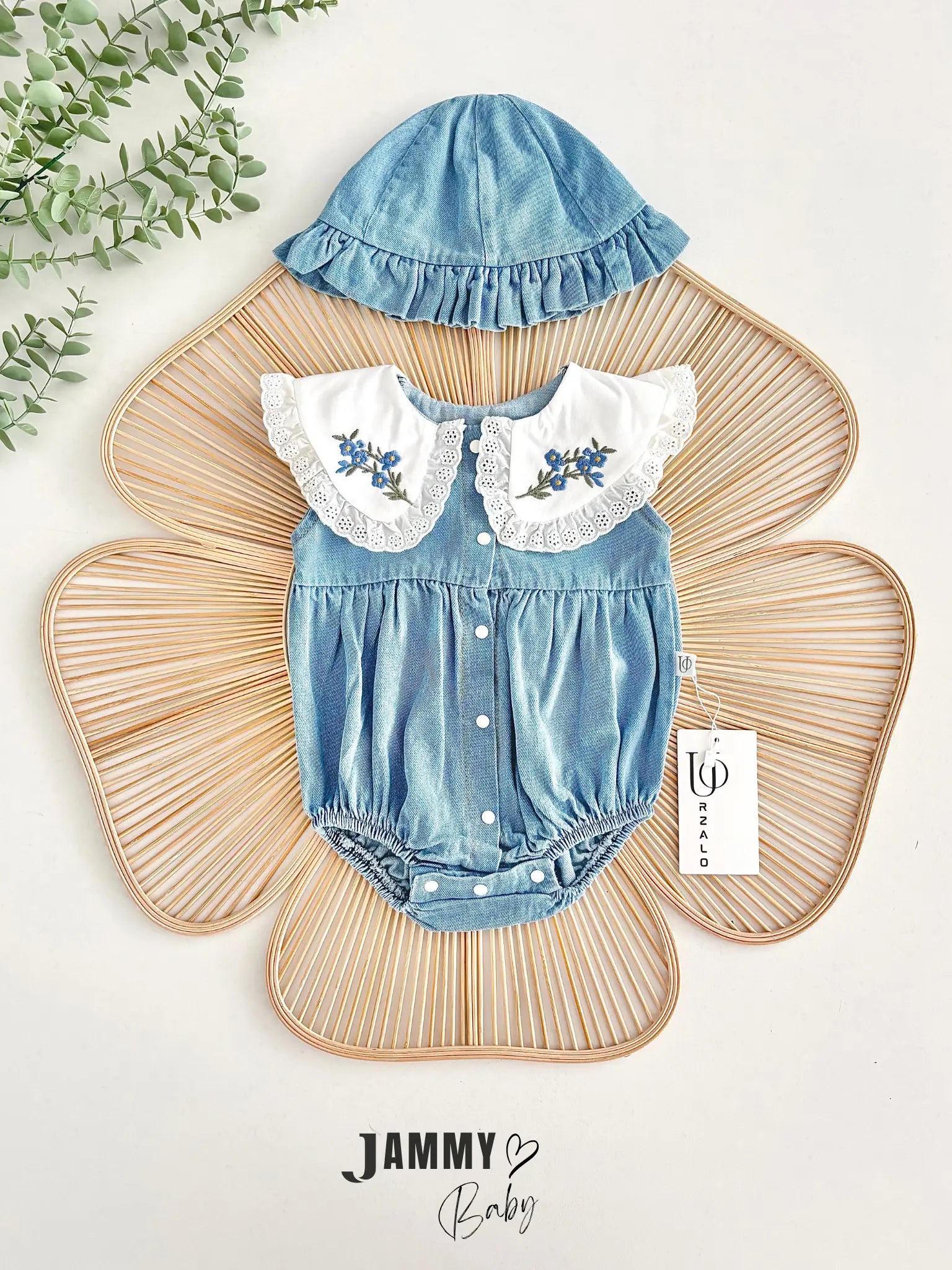 Jena Premium Vintage Embroidered Collar Lace Jean Romper and Hat Set - BLUE