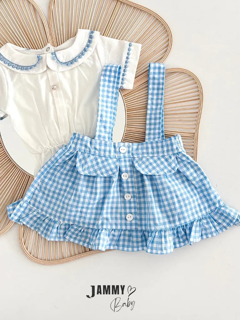 Checked Button Detail Strappy Skirt & Shirt Set – Blue