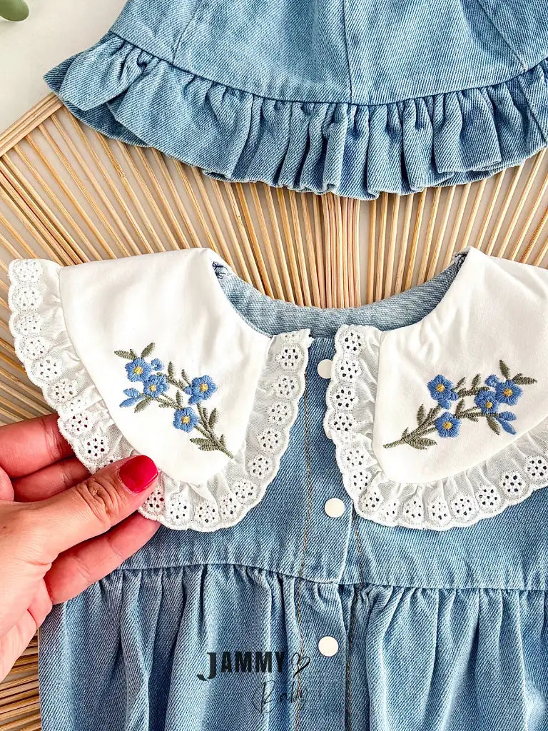 Jena Premium Vintage Embroidered Collar Lace Jean Romper and Hat Set - BLUE