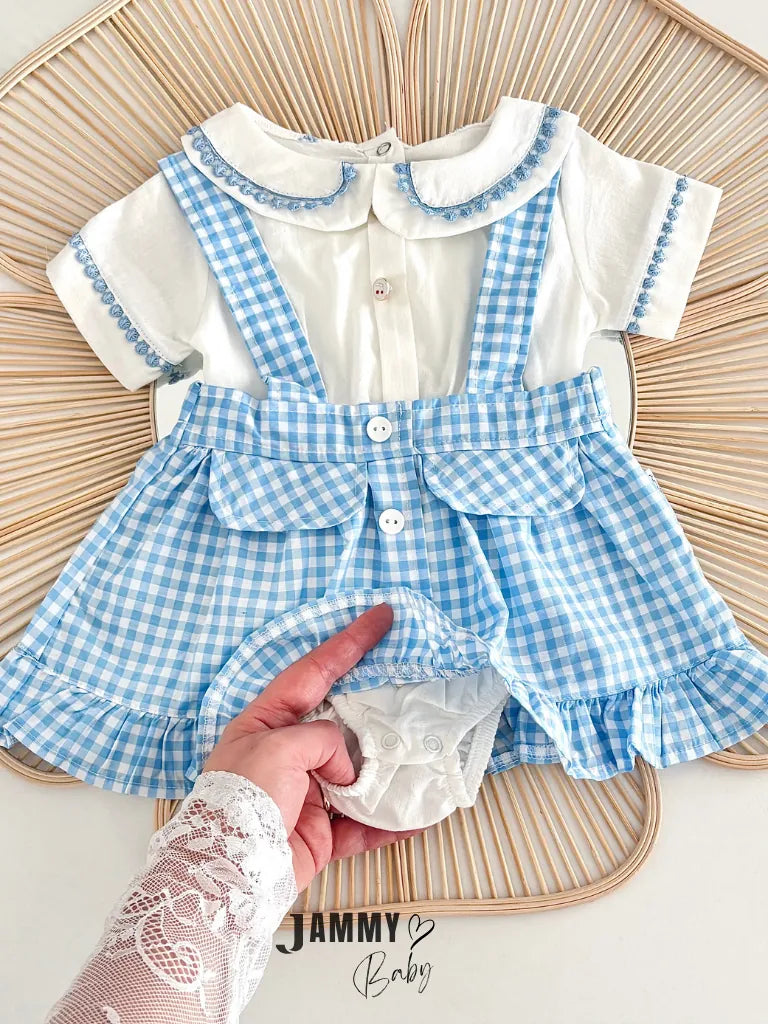 Checked Button Detail Strappy Skirt & Shirt Set – Blue