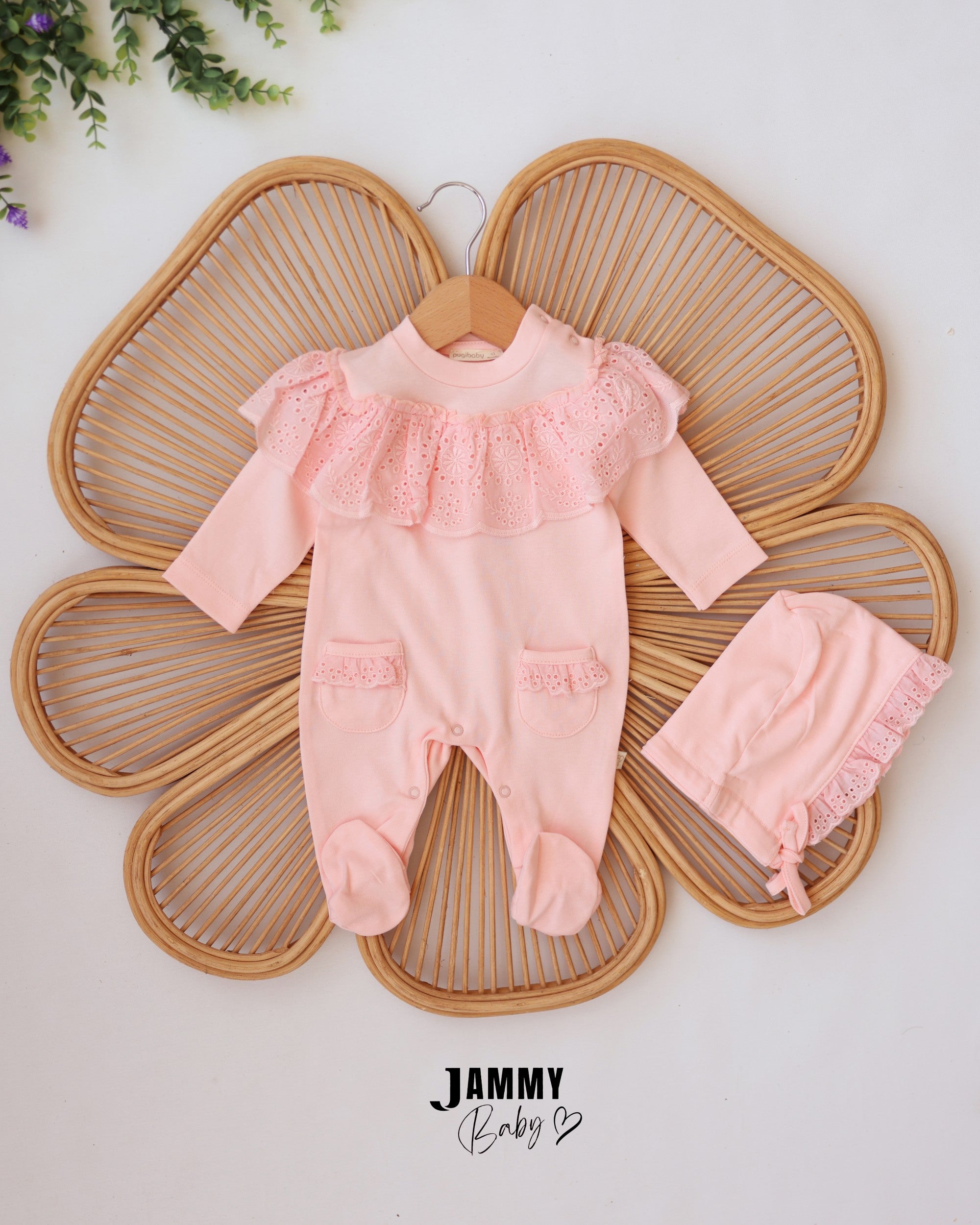 Lace Ruffle Footed Sleepsuit & Bonnet - Baby Pink