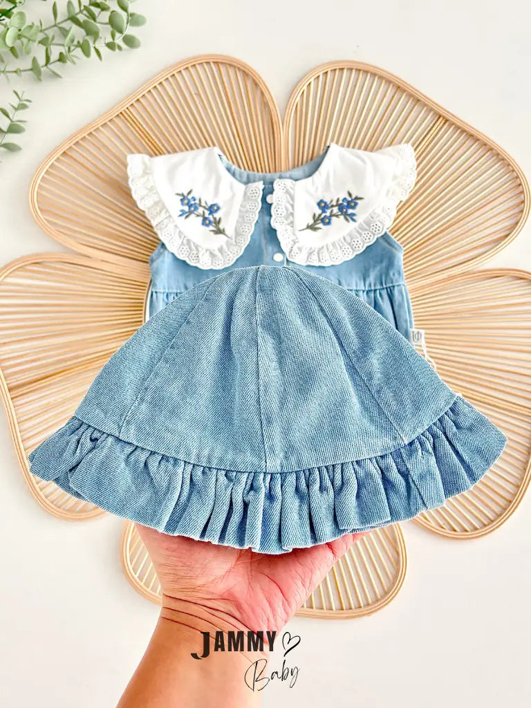 Jena Premium Vintage Embroidered Collar Lace Jean Romper and Hat Set - BLUE